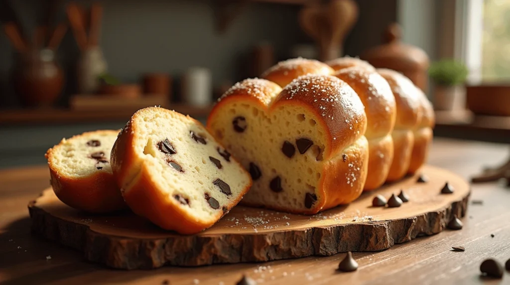 Close-up of braided chocolate chip brioche with chocolate chips visible inside.