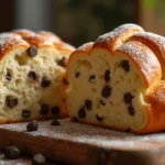 Golden-brown braided chocolate chip brioche loaf with a glossy finish, showing layers of soft dough and melted chocolate chips, placed on a wooden cutting board.