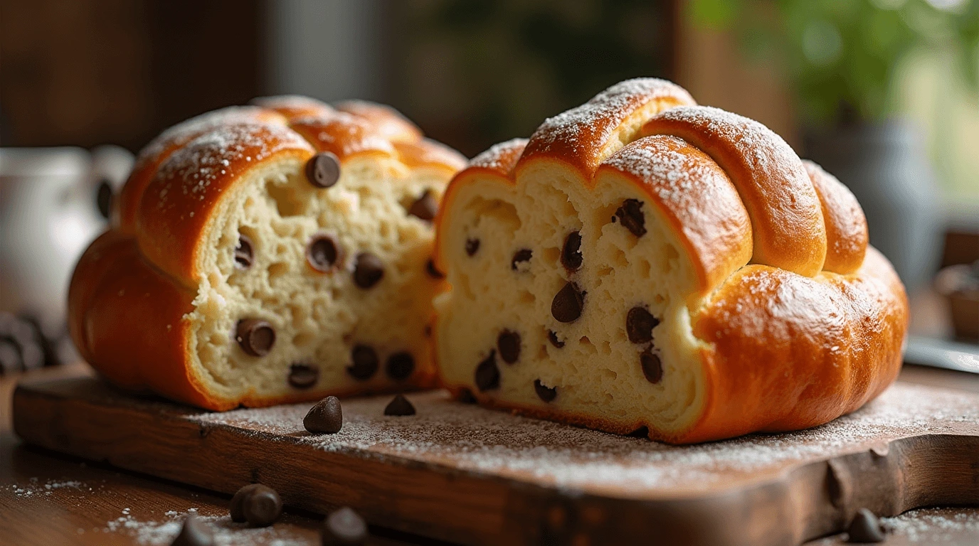 Golden-brown braided chocolate chip brioche loaf with a glossy finish, showing layers of soft dough and melted chocolate chips, placed on a wooden cutting board.