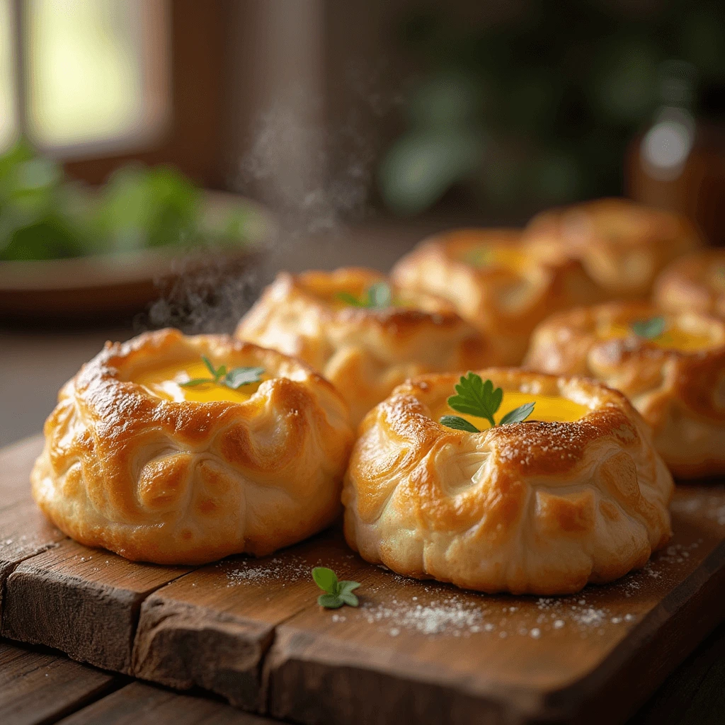 Golden chicken and cheese jalouise on a wooden board