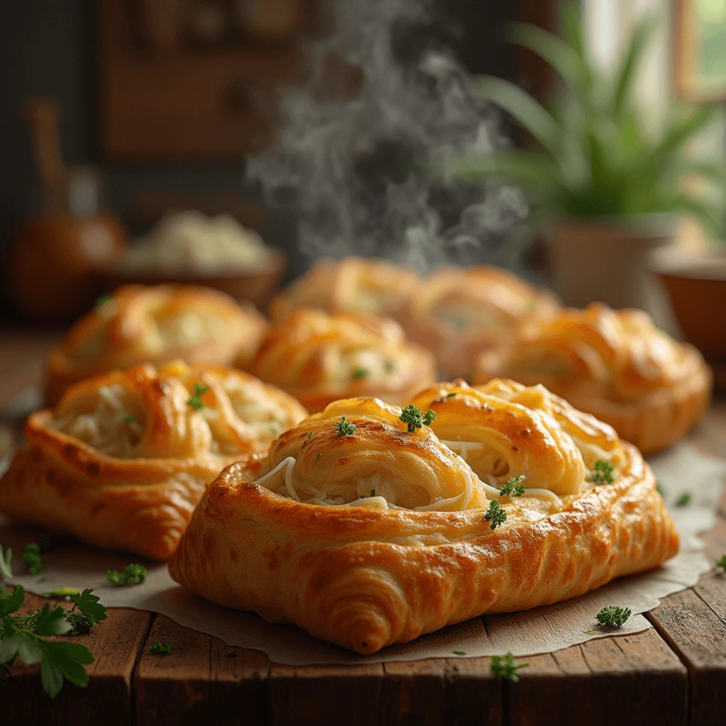 Close-up of chicken and cheese jalouise with a bite taken out