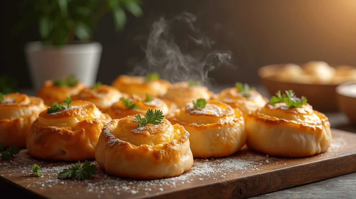 Freshly baked chicken and cheese jalouise with golden, flaky pastry