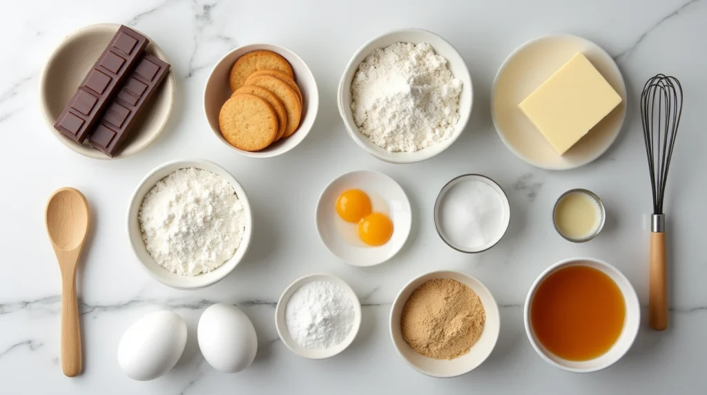 Ingredients for Chocolate Shiroi Koibito, including chocolate, wafer biscuits, butter, flour, sugar, and eggs.