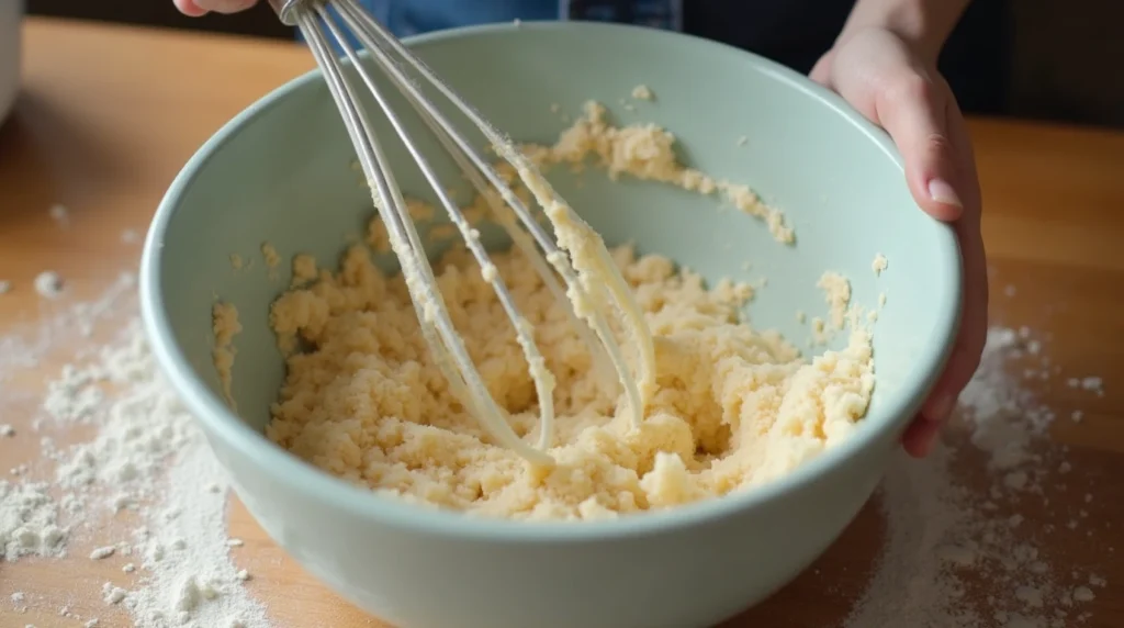 Mixing the dough for Chocolate Shiroi Koibito cookies, with flour, butter, and sugar in a bowl.