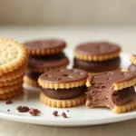 Chocolate Shiroi Koibito cookies with glossy chocolate filling between two golden wafer cookies on a white plate.