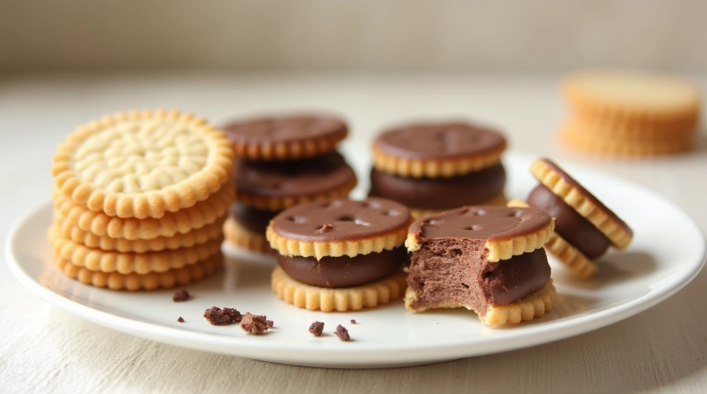 Chocolate Shiroi Koibito cookies with glossy chocolate filling between two golden wafer cookies on a white plate.