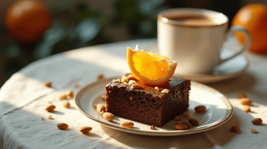 Serving of chocolate orange almond cake with coffee or tea, garnished with fresh orange slices and almonds.