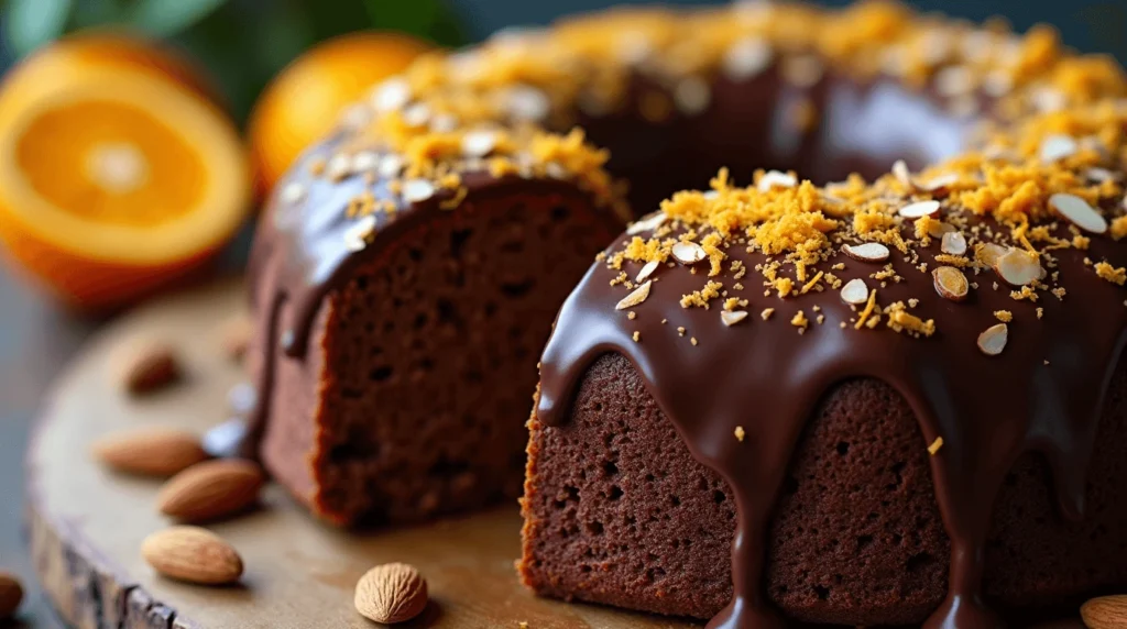 Delicious chocolate orange almond cake topped with orange zest and almond slivers on a rustic wooden table.