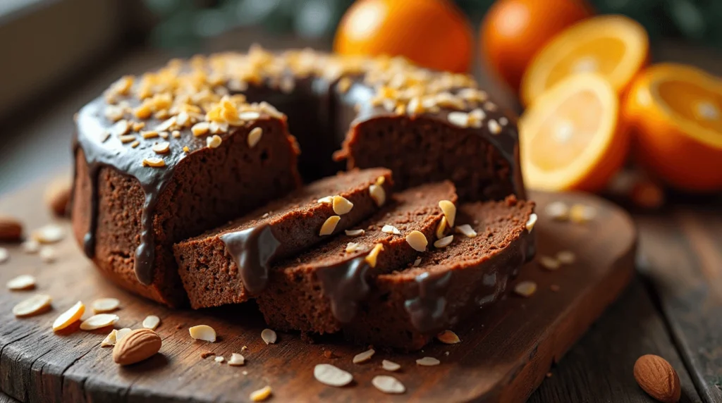 Close-up of a freshly baked chocolate orange almond cake with chocolate glaze, orange zest, and almond slivers.