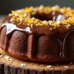 Freshly baked chocolate orange almond cake with a glossy glaze, garnished with orange zest and almond slivers.