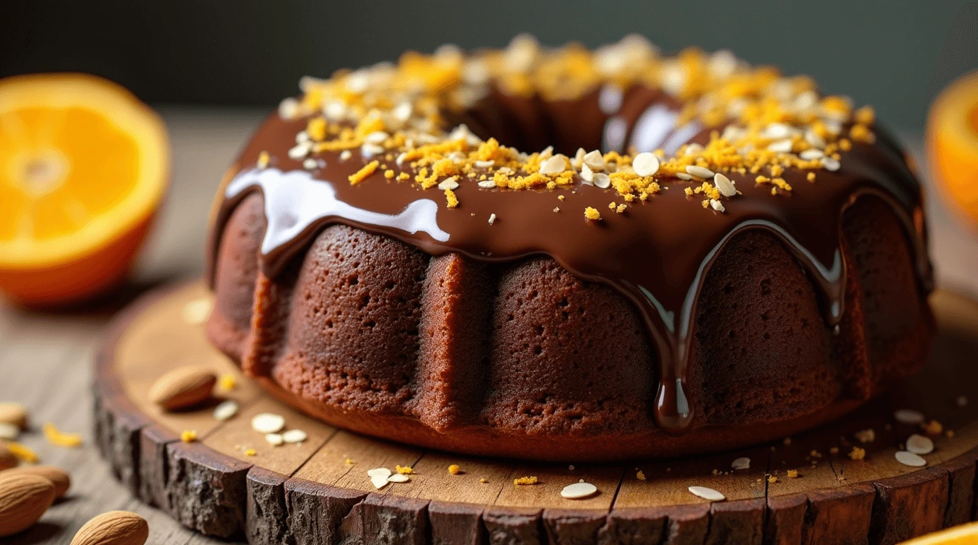 Freshly baked chocolate orange almond cake with a glossy glaze, garnished with orange zest and almond slivers.