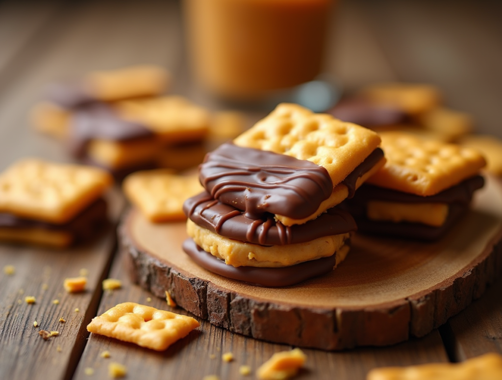 A Cheez-It peanut butter sandwich being dipped into a bowl of melted chocolate with a fork.