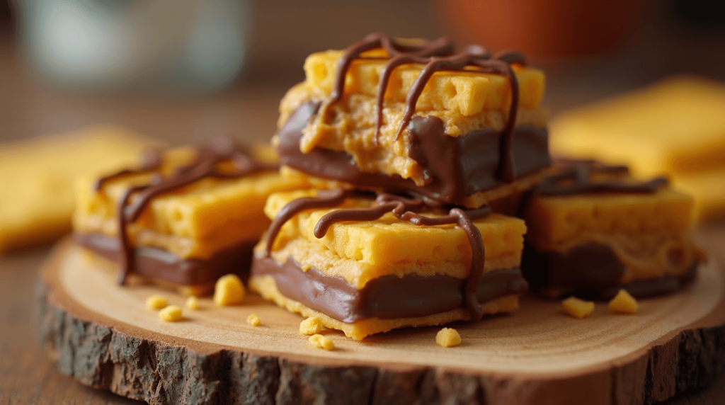 Chocolate-covered Cheez-It peanut butter treats arranged on a serving plate with a glass of milk.