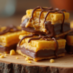 Chocolate-covered Cheez-It peanut butter treats arranged on a serving plate with a glass of milk.