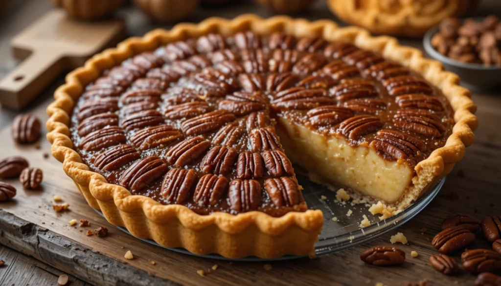 Decadent pecan pie made with condensed milk, featuring a rich, creamy filling and golden, glossy pecan topping.