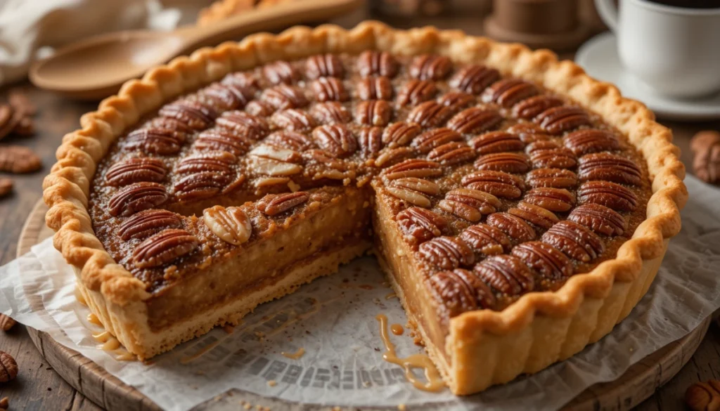 Slice of pecan pie with condensed milk, showcasing a rich, creamy texture and perfectly caramelized pecans on top.