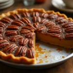 Freshly baked pecan pie with a glossy finish, showcasing creamy filling made with condensed milk.