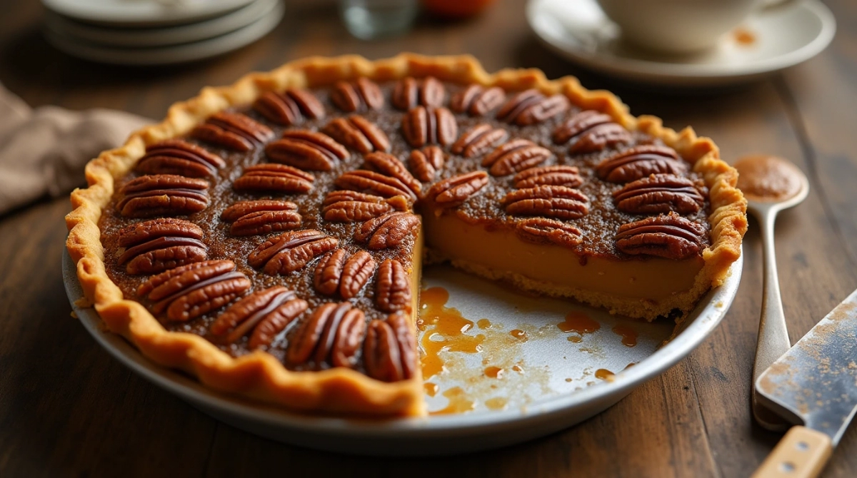 Freshly baked pecan pie with a glossy finish, showcasing creamy filling made with condensed milk.