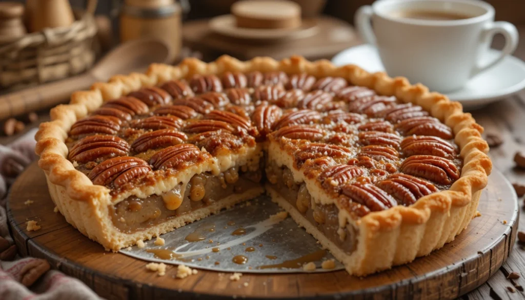 A slice of pecan pie with a glossy, caramelized topping made with condensed milk, showcasing its creamy filling